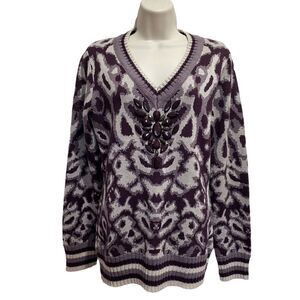 Motive Wool Blend Rhinestone Embellished V-Neck Sweater Plum Purple Sz M